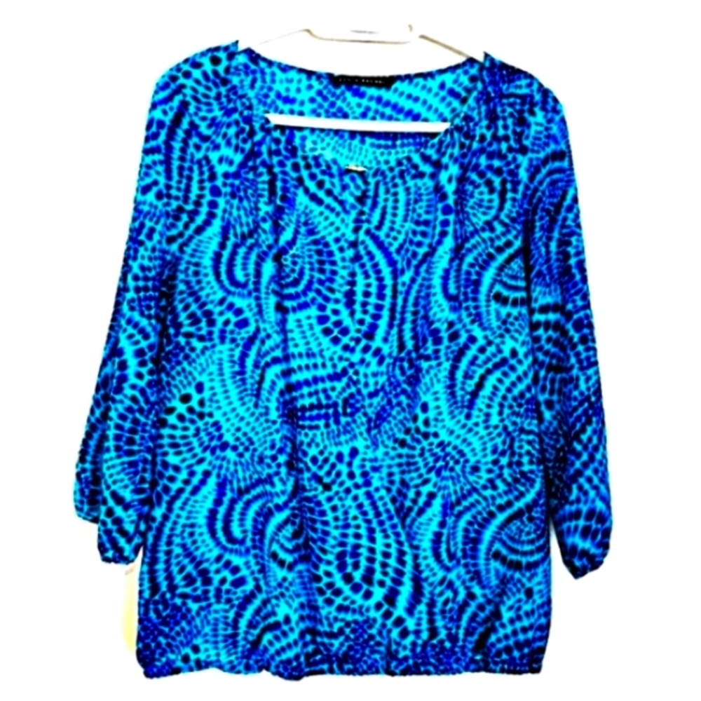 Zac & Rachel Lg Blue/Aqua Abstract/Geometric Pattern 100% Polyester Blouse